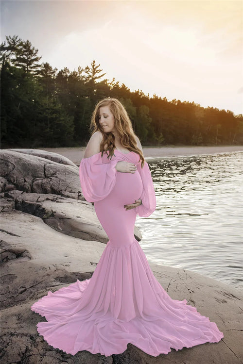 Sexy Shoulderless Maternity Dresses Photoshoot Ruffles Pregnancy Maxi