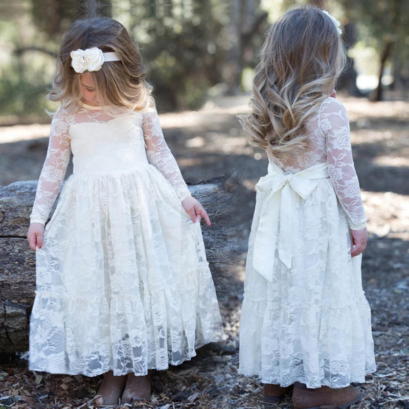 2-12 Year Flower Girl Dresses White Beige Long Sleeve