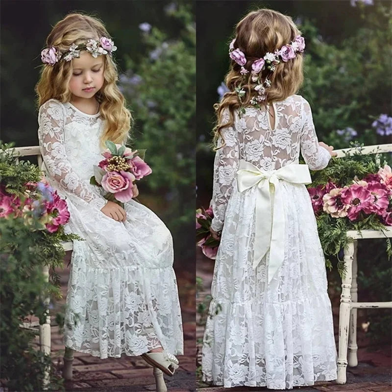 2-12 Year Flower Girl Dresses White Beige Long Sleeve