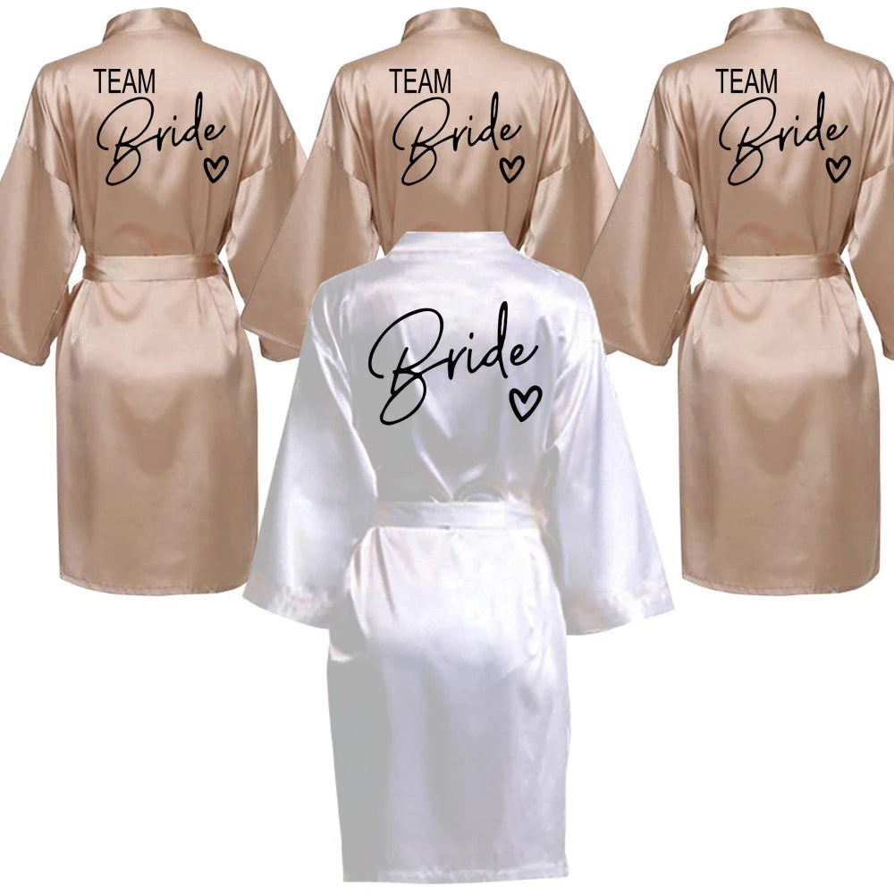 Wedding Party Team Bride Robe With Black Letters Kimono Satin Pajamas