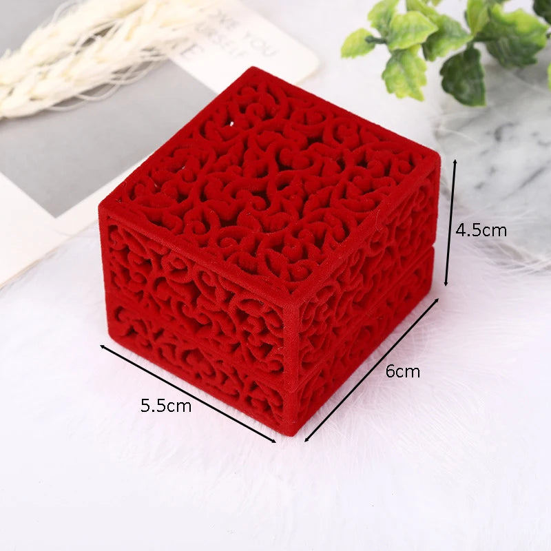 New Hollow Red Velvet Ring Box Couple Double Ring Bearer Box For