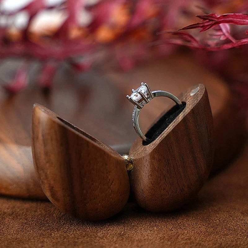 Elegant Heart Shaped Walnut Wood Ring Box