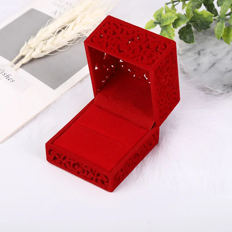 New Hollow Red Velvet Ring Box Couple Double Ring Bearer Box For