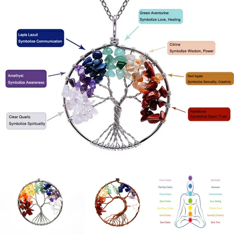 Natural Tree of Life Necklace 7 Chakra Crystal Stone Pendant Handmade