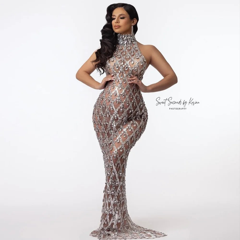 2024 Sexy Tulle Crystals Maternity Photo Shoot Dress Luxury Sequins