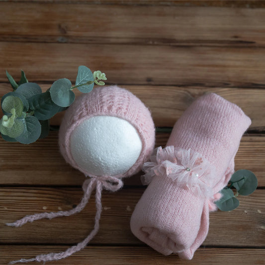 Newborn Knitted Wrap Bonnet And headband Set For Newborn Photography