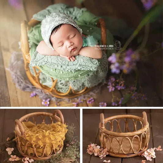 Newborn Photography Props Girl Round Vine Woven Basket Baby Photo