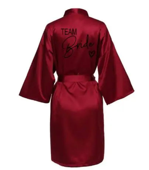 Wedding Party Team Bride Robe With Black Letters Kimono Satin Pajamas