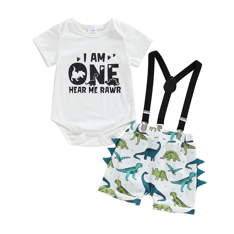 Baby Boy 1st Birthday Outfit Dinosaur Print Short Sleeve Romper