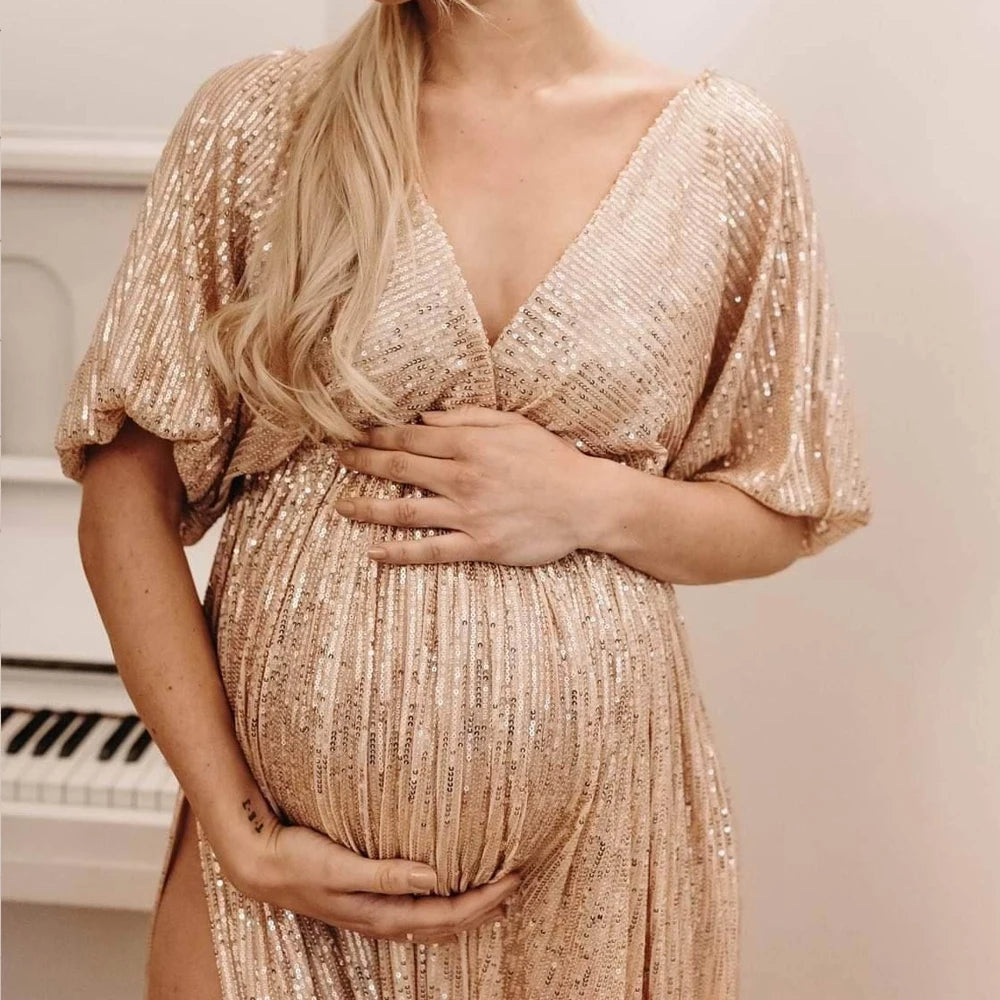 Maternity Photography Props Dress Elegant Vintage Sequin V-neck Dress