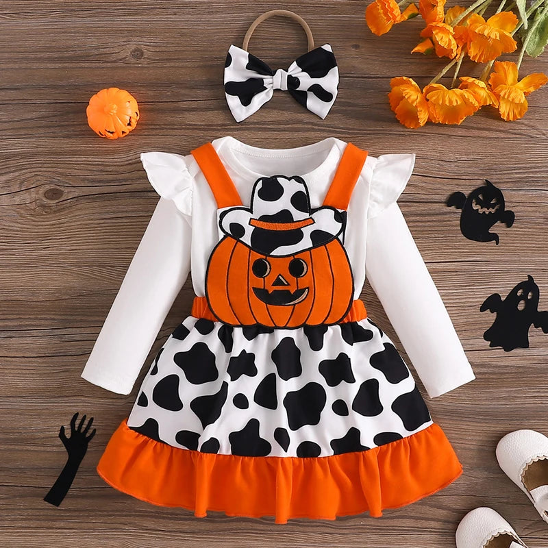 Halloween Ruffle Long Sleeve Romper Pumpkin