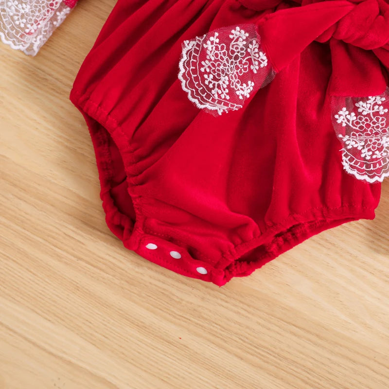 Red Velvet Ruffles Lace Rompers