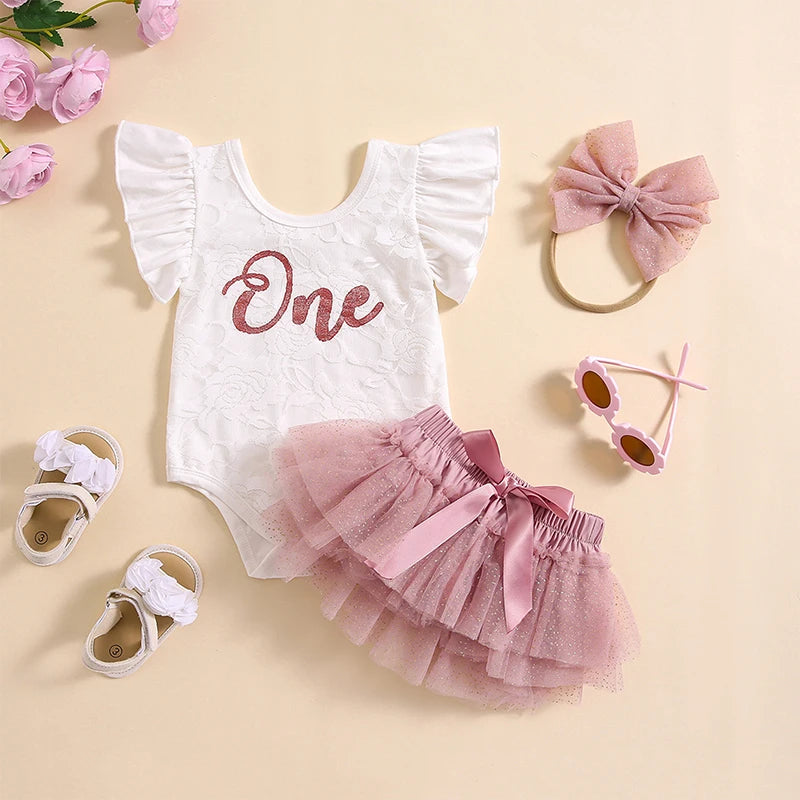 Baby Girl First Birthday Outfits Ruffle Sleeve Lace Romper and Tutu