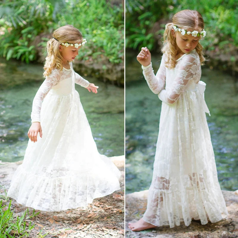 2-12 Year Flower Girl Dresses White Beige Long Sleeve