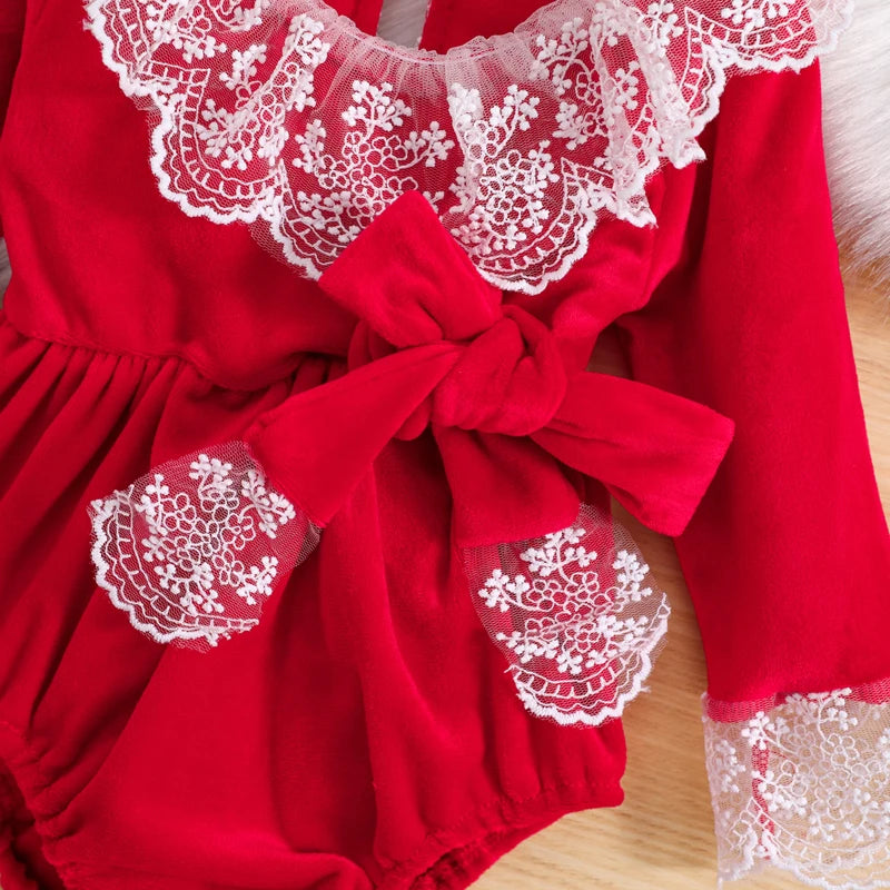 Red Velvet Ruffles Lace Rompers