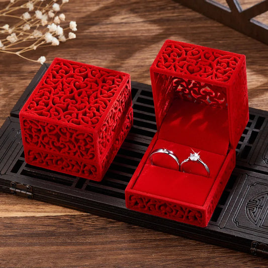 New Hollow Red Velvet Ring Box Couple Double Ring Bearer Box For