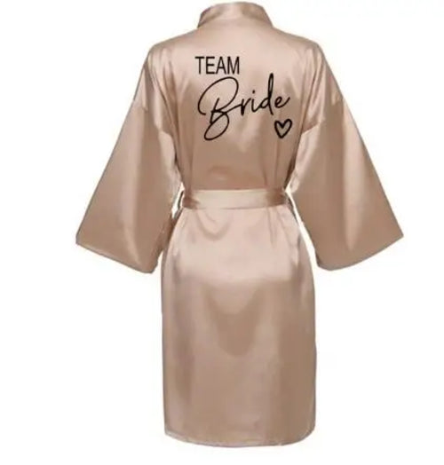 Wedding Party Team Bride Robe With Black Letters Kimono Satin Pajamas