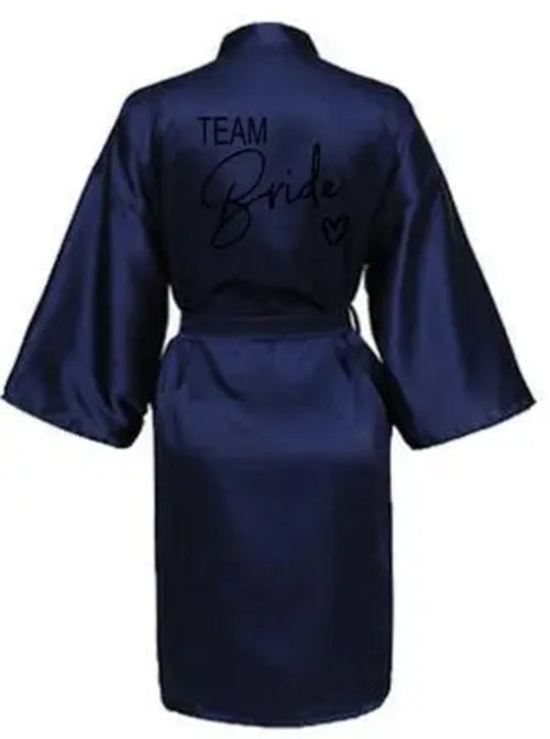 Wedding Party Team Bride Robe With Black Letters Kimono Satin Pajamas