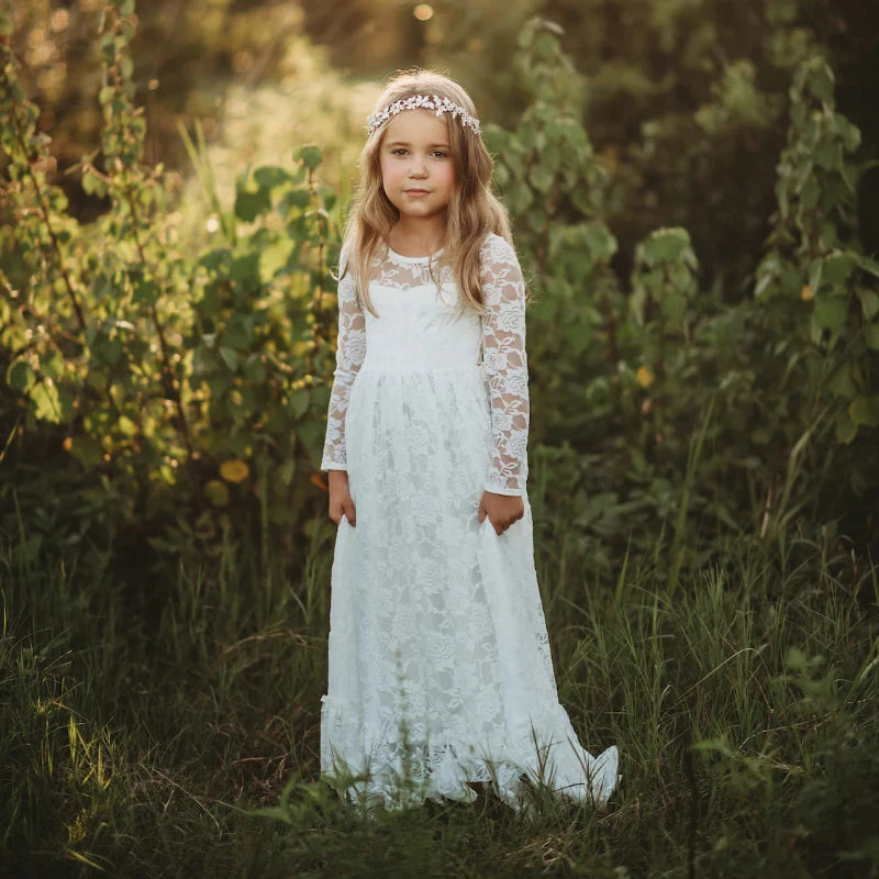 2-12 Year Flower Girl Dresses White Beige Long Sleeve