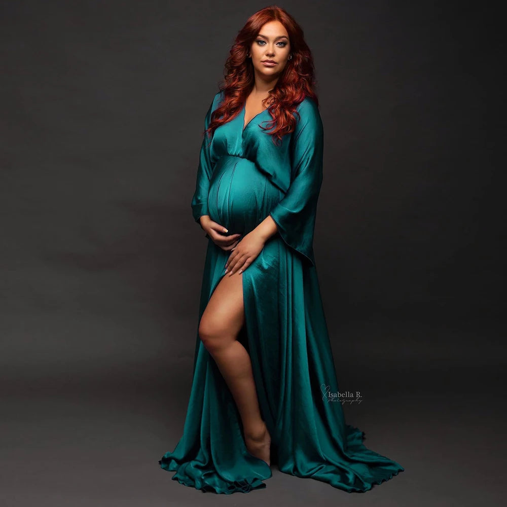 Maternity Photography Gown Elegant Soft Satin Chiffon Long Sleeved