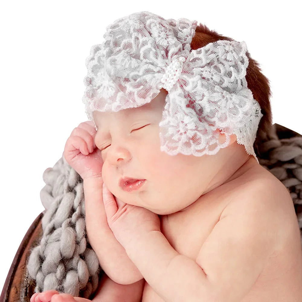 New Lace Bows with Pearl Button Kids Newborn Hair Band Infant