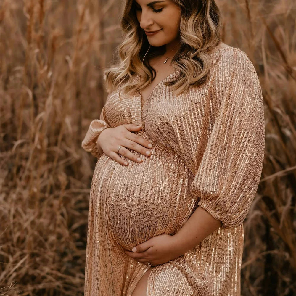 Maternity Photography Props Dress Elegant Vintage Sequin V-neck Dress