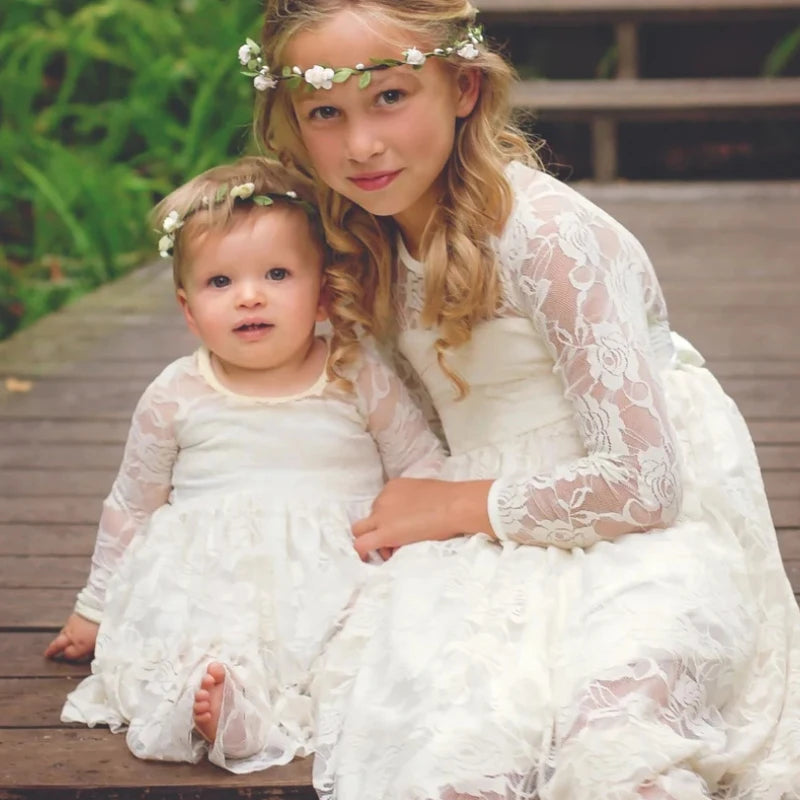 2-12 Year Flower Girl Dresses White Beige Long Sleeve