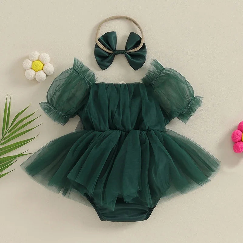 Solid Color Tulle Romper Dress