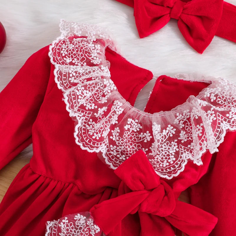 Red Velvet Ruffles Lace Rompers