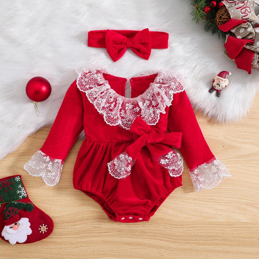 Red Velvet Ruffles Lace Rompers