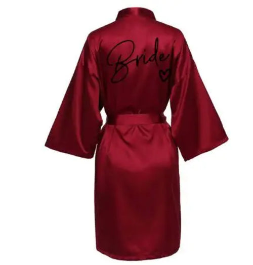 Wedding Party Team Bride Robe With Black Letters Kimono Satin Pajamas