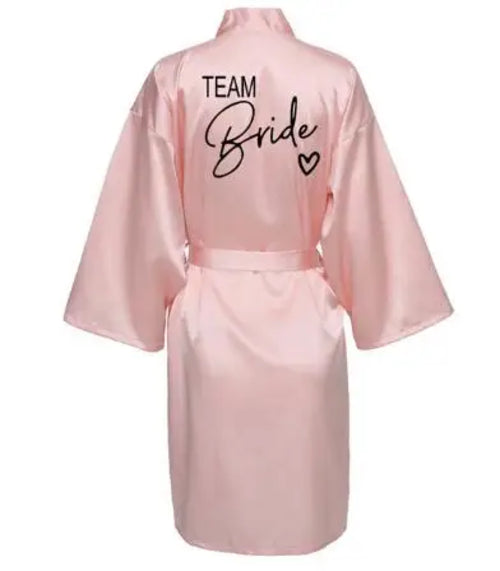 Wedding Party Team Bride Robe With Black Letters Kimono Satin Pajamas