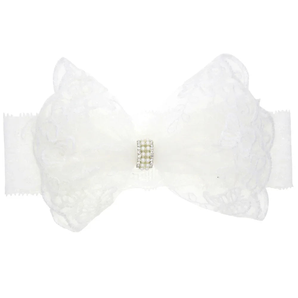 New Lace Bows with Pearl Button Kids Newborn Hair Band Infant