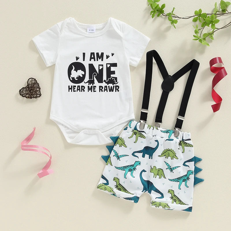 Baby Boy 1st Birthday Outfit Dinosaur Print Short Sleeve Romper