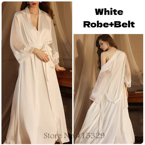 Wedding Bride Robe Set Women Sexy Lace Patchwork Nightgown Long Kimono