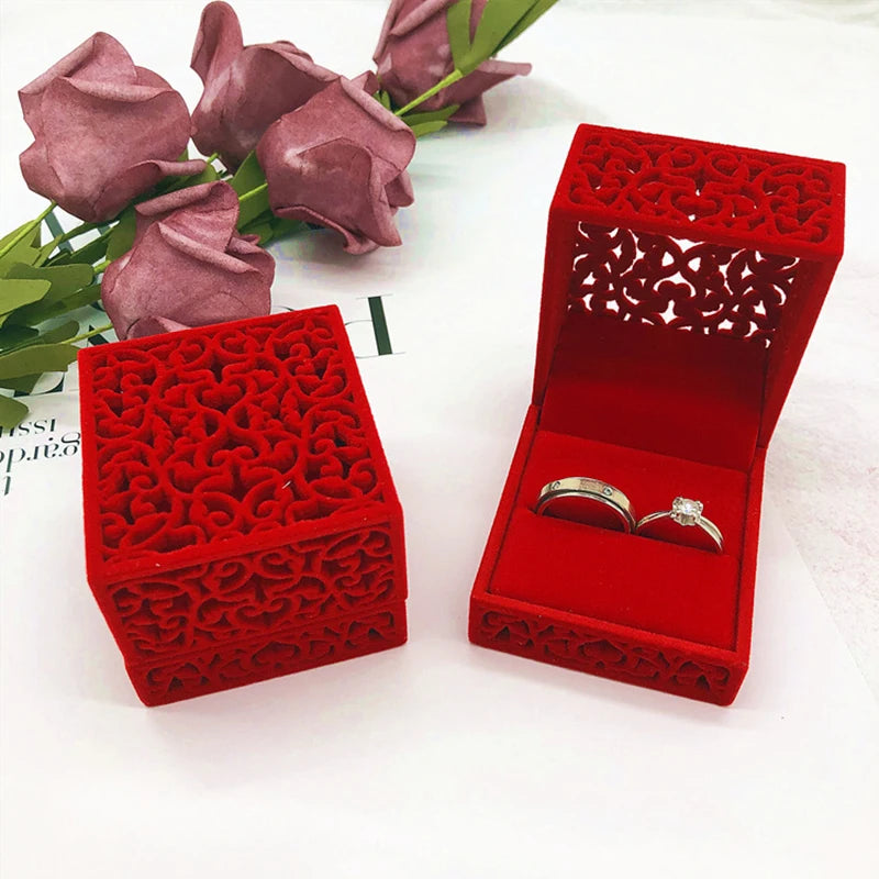 New Hollow Red Velvet Ring Box Couple Double Ring Bearer Box For