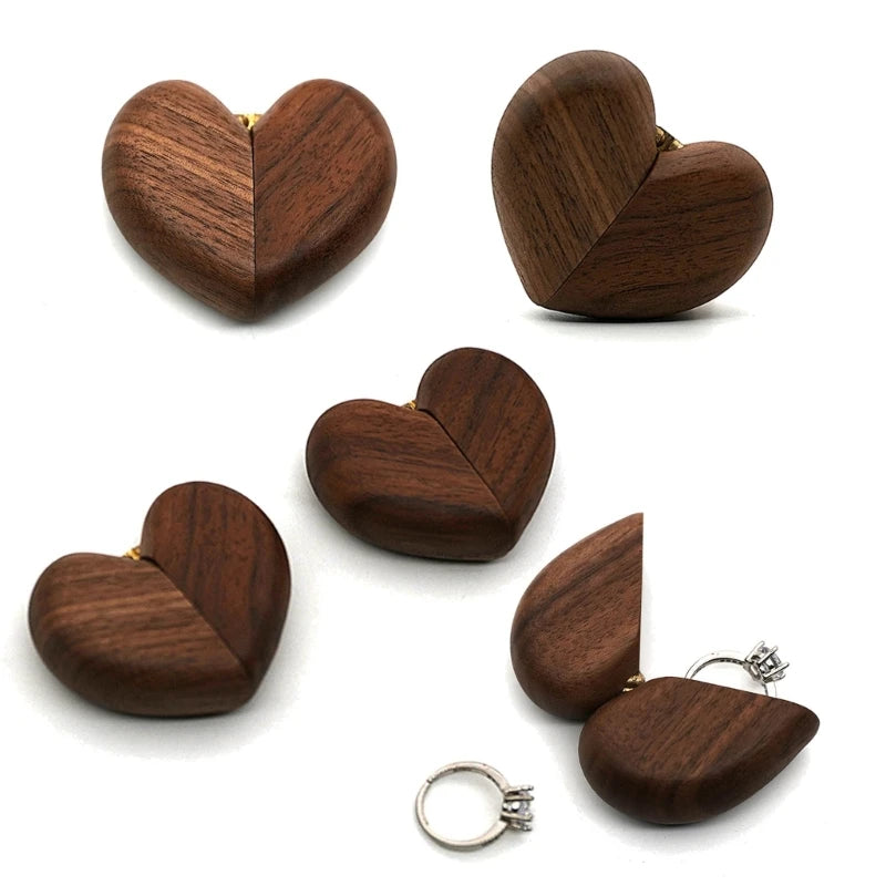 Elegant Heart Shaped Walnut Wood Ring Box