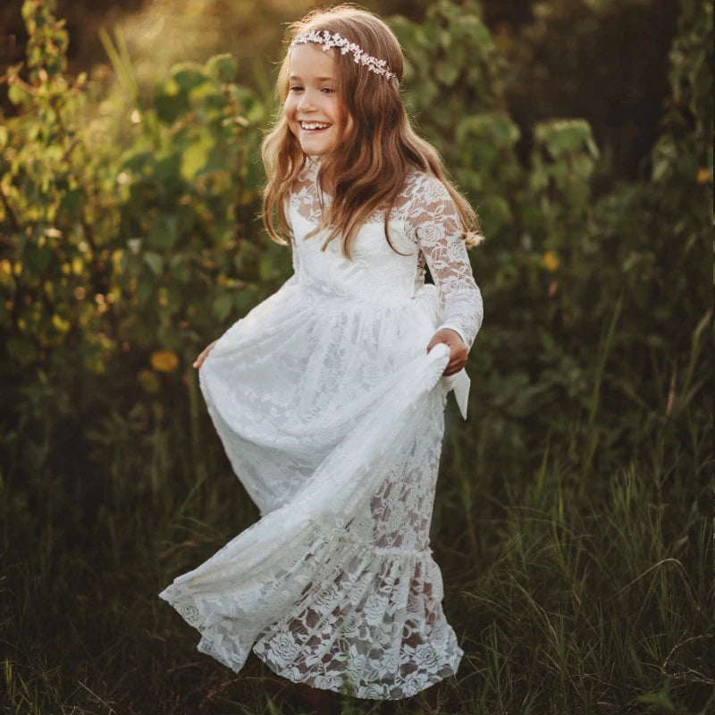 2-12 Year Flower Girl Dresses White Beige Long Sleeve