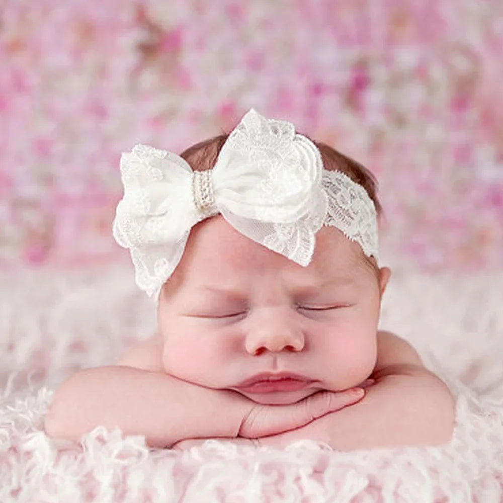 New Lace Bows with Pearl Button Kids Newborn Hair Band Infant