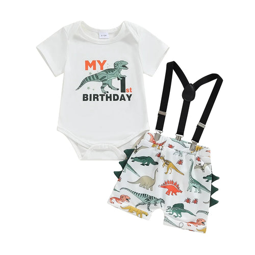 Baby Boy 1st Birthday Outfit Dinosaur Print Short Sleeve Romper