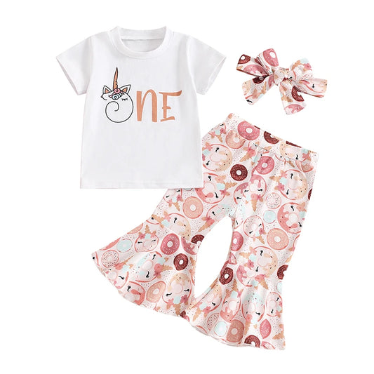 Baby Girl 1st Birthday Outfit One Letter T-Shirt Tops Doughnut Flare