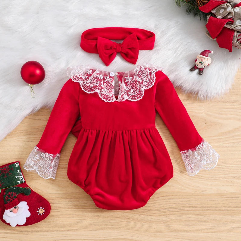 Red Velvet Ruffles Lace Rompers