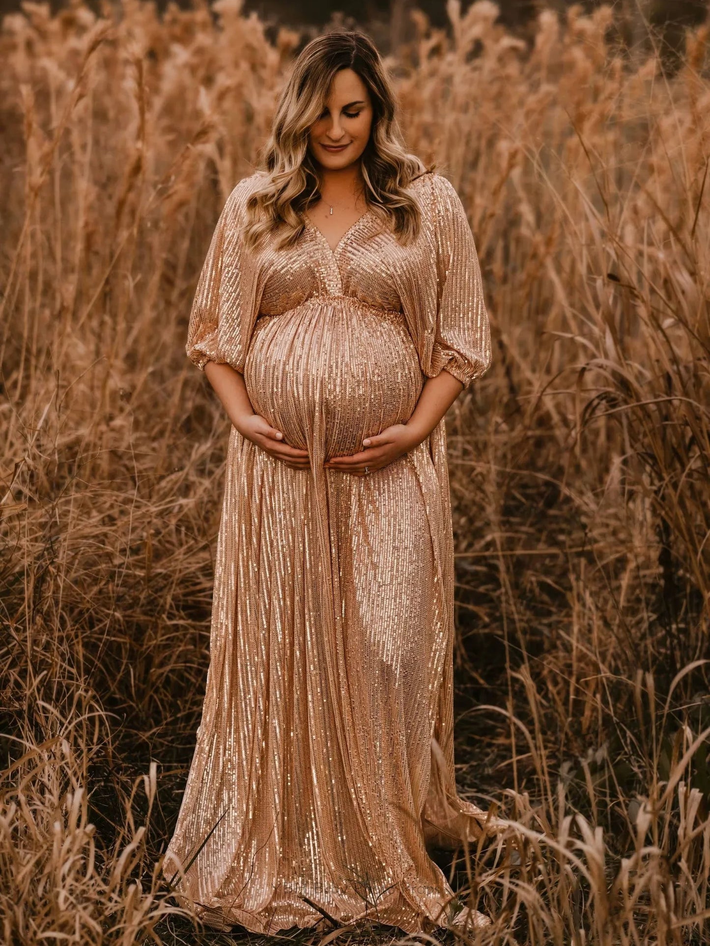 Maternity Photography Props Dress Elegant Vintage Sequin V-neck Dress