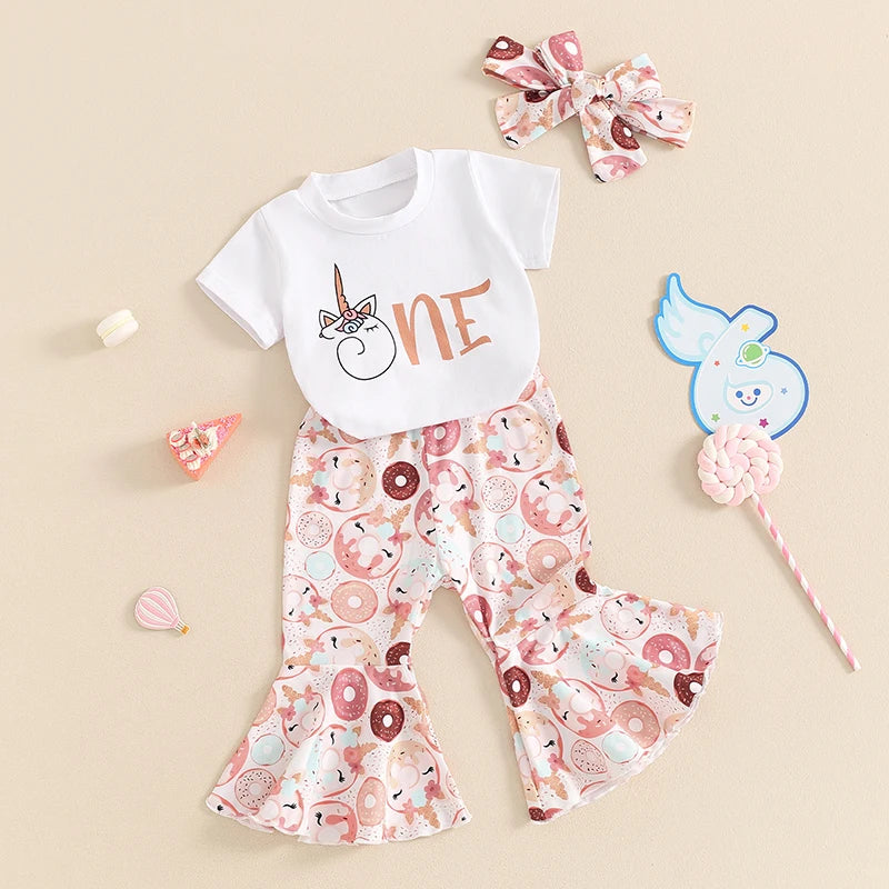 Baby Girl 1st Birthday Outfit One Letter T-Shirt Tops Doughnut Flare