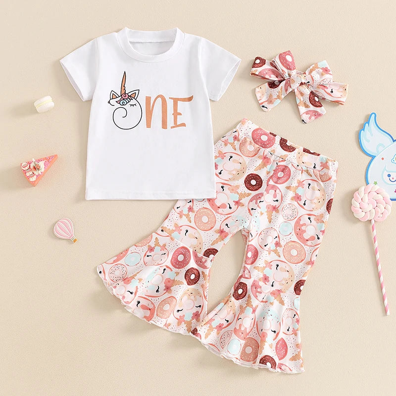 Baby Girl 1st Birthday Outfit One Letter T-Shirt Tops Doughnut Flare