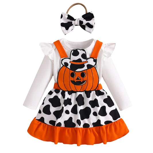 Halloween Ruffle Long Sleeve Romper Pumpkin